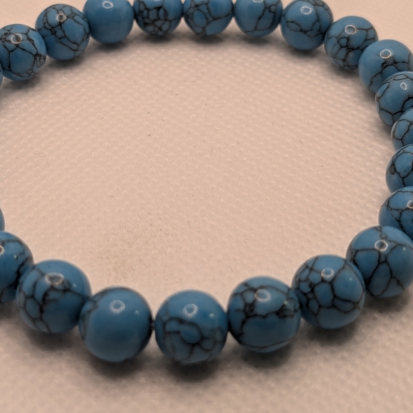 Blue Howlite Beaded Bracelet & Black Leather Stainless Steel Magnetic Clasp Set - Picture 9 of 10